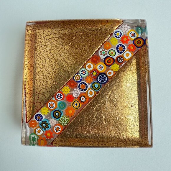 Vintage Murano Millefiori 22k Gold Leaf Square Paperweight - Picture 1 of 3
